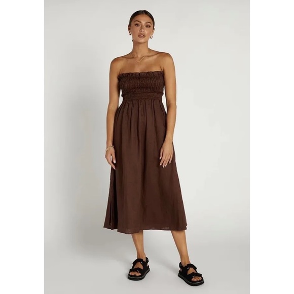 DISSH 'Thea' Chocolate Strapless 100% Linen Shirred Pleated Midi Dress Size 10 - Picture 3 of 13